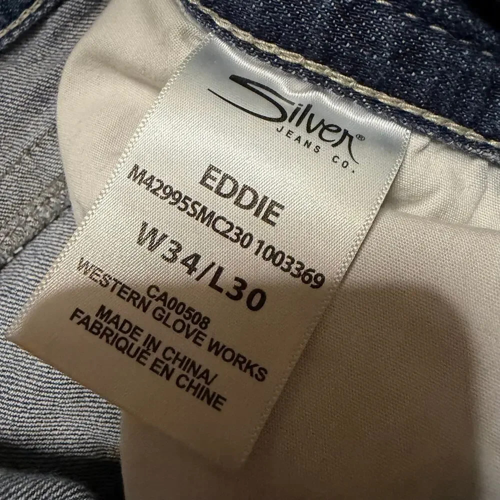 Silver Jeans Mens 34 x30 Blue Eddie Relaxed Fit Slim Straight Leg Stretch Cotton